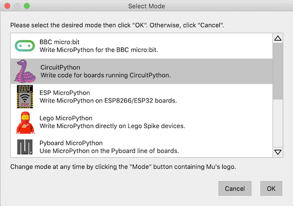 Selecting the Mu mode
